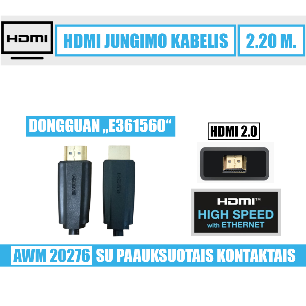 HDMI kabelis / su paauksuotais kontaktais / 2.20 m. / E361560 - Image 1
