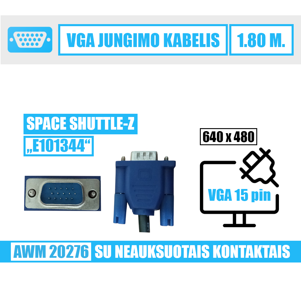 VGA 15 pin kabelis (išorinis)  / 1.80 m. / juodas / E101344 - Image 1