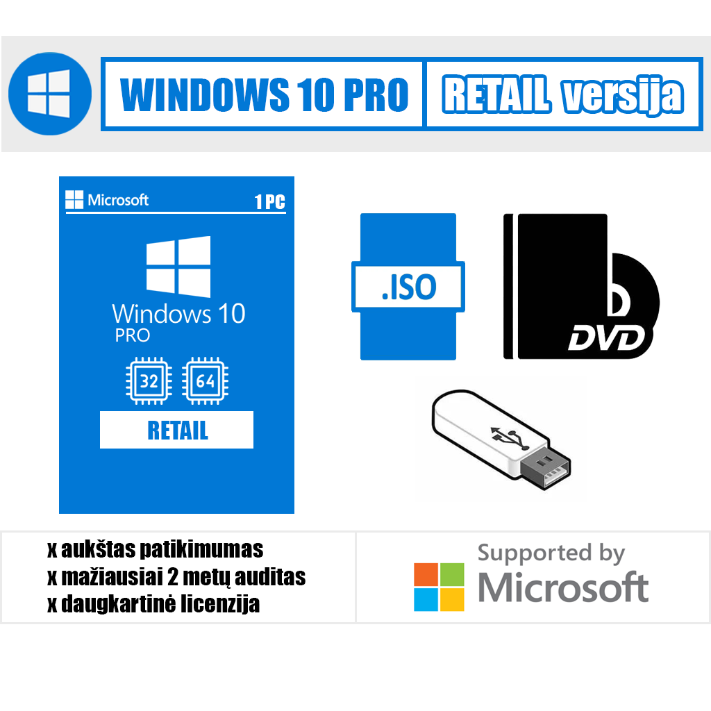 Windows 10 „Pro“ fizinė diegimo dėžutė (RETAIL)